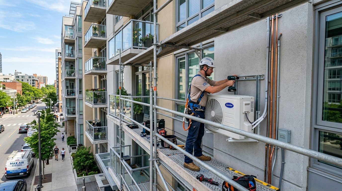 Instalacao de AC em andaime em predio