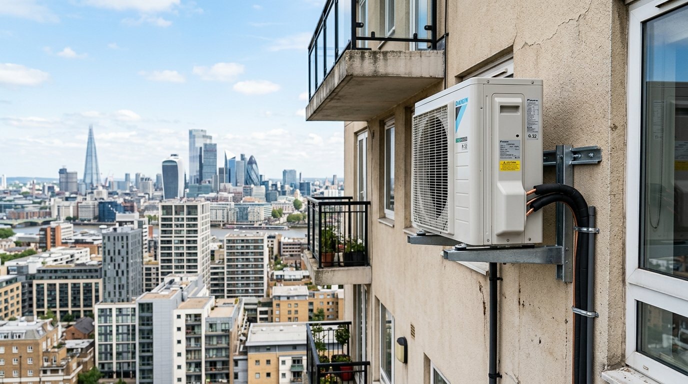 Condensador instalado em alto edificio com vista da cidade